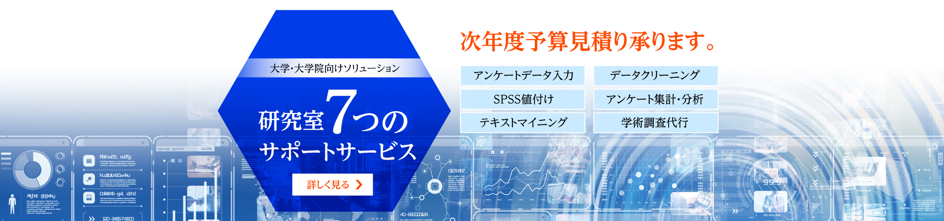 研究室7つのサポートサービス　次年度予算見積り承ります。アンケートデータ入力、データクリーニング、SPSS値付け、アンケート集計・分析、テキストマイニング、学術調査代行